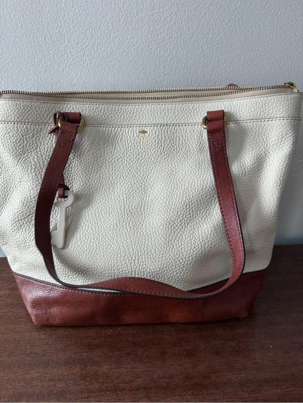 Fossil Two-Tone Cream and Brown Pebbled Leather Tote